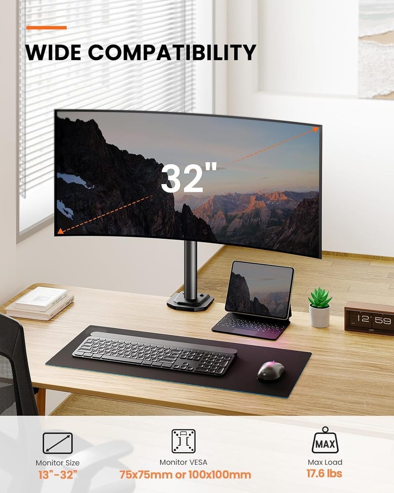 Ergear Monitor Mount for Most 13-32" Computer Screens up to 17.6lbs, Improved LCD LED Monitor Riser, Adjustable Height and Angle, Single Gaming Desk Mount Stand, Black, EGCM12 - Image 2